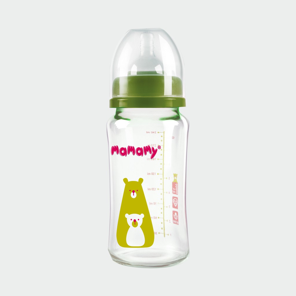 Bình sữa thuỷ tinh và 1 hộp núm ti chống sặc và đầy hơi Mamamy bảo vệ hệ tiêu hóa cho bé 240ml (size núm ti S/M/L)