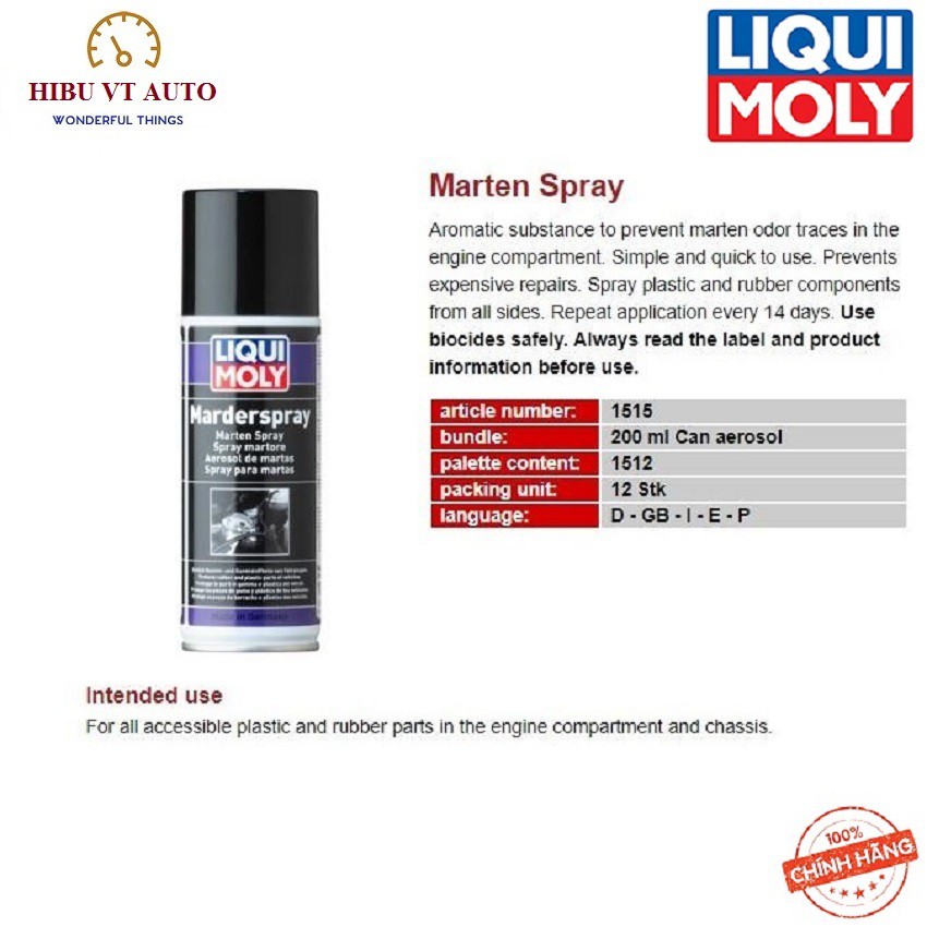 [ Chai Xịt Chống Chuột ] Liqui Moly Marten Spray 1515 200ml tạo màng phủ bảo vệ bề mặt các chi tiết điện, dây điện...