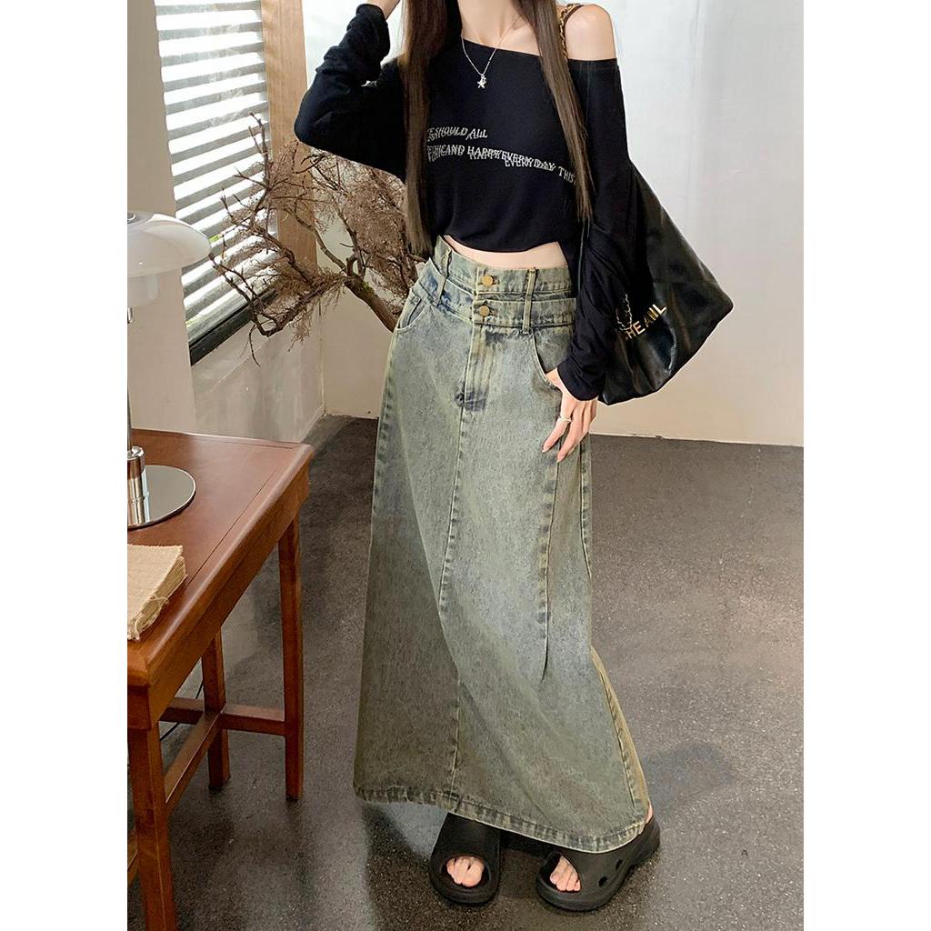 Chân Váy Denim Dài Dáng Chữ A Lưng Cao Phong Cách Retro Thời Trang Mùa Thu Hàng Mới Dành Cho Bạn Nữ 668