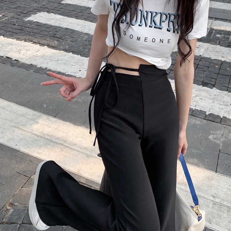 SUXI Quần dài ống rộng lưng cao màu đen trơn thời trang xuân hè cho nữ