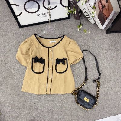 Áo kiểu nữ cô tròn phối nơ 2 túi viền