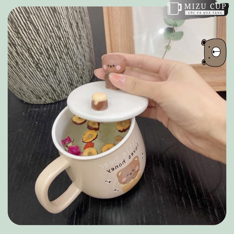 Cốc gốm sứ cao cấp hình gấu cute nắp đỡ điện thoại  | Mizu