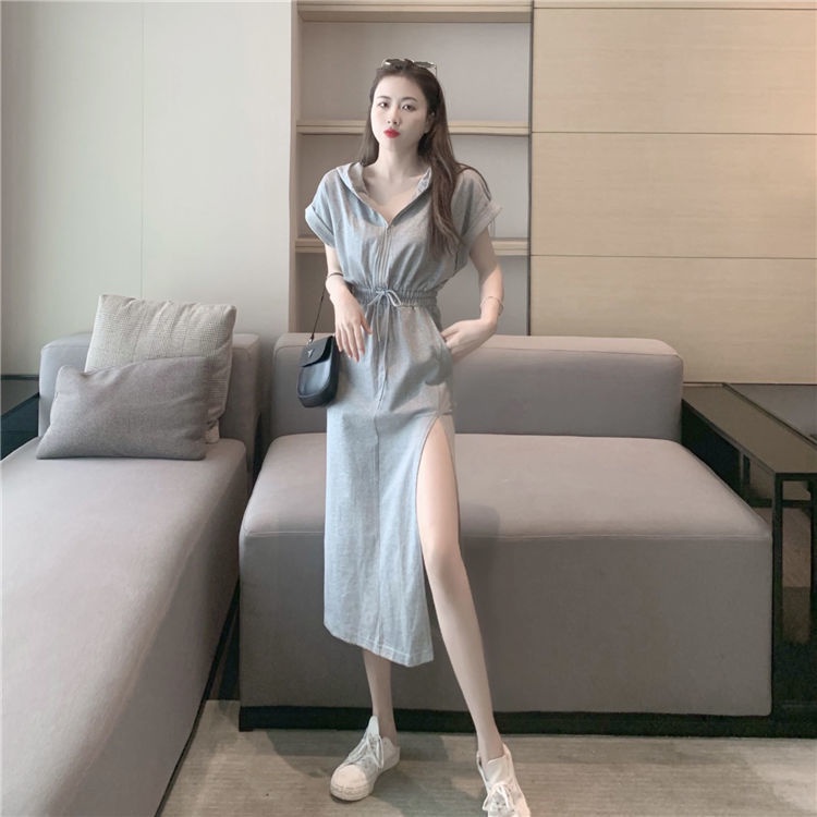 Đầm Dài Quá Gối Dáng Rộng Có Mũ Trùm Phối Dây Rút Thời Trang Mùa Hè Mới 2021 Cho Nữ