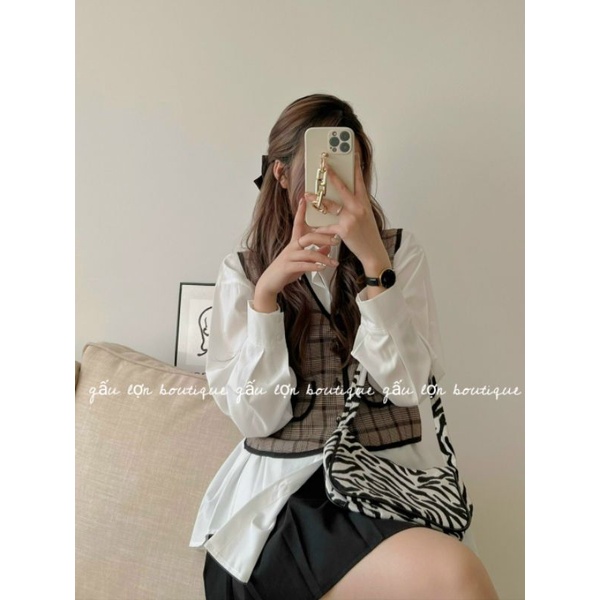 Áo gile dạ hoạ tiết kẻ zíc zắc ảnh thật