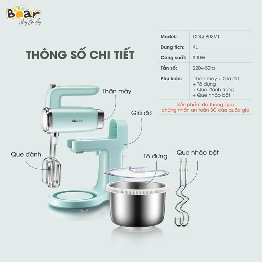 Máy đánh trứng trộn bột để bàn Cầm Tay Mini Đa Năng 4L Bear DDQ B03V1 _ 300W, Dung tích 5L,  Máy đánh kem, nhào nhồi bột