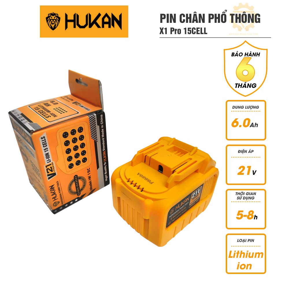 Pin HUKAN 15cell 21V 6Ah Li-ion dung lượng cao chân pin phổ thông cho dòng máy khoan X1 X6 X7 X8 X9 AG-PR99 cưa máy