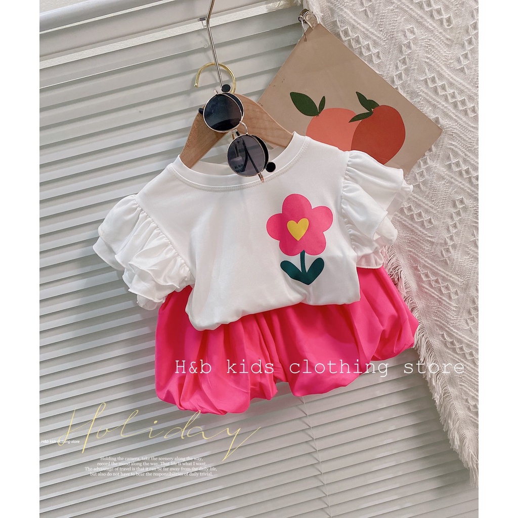 Set bộ bé gái siêu xinh áo cotton tay bèo kết hợp quần đũi bom dễ thương 8 - 20kg