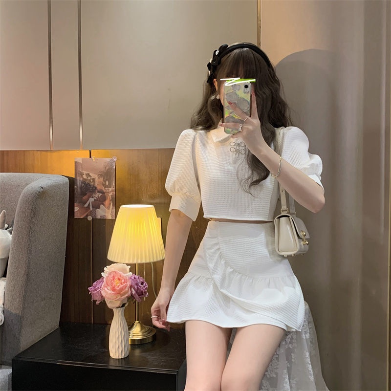 Set váy áo croptop Bộ Áo Tay Phồng Ngắn + Chân Váy Phồng Màu Trơn Thời Trang Mùa Hè 2023