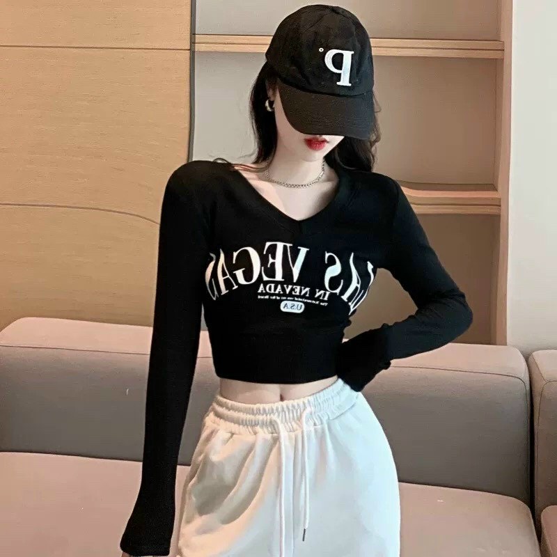 ÁO CROPTOP KIỂU LỬNG NỮ IN CHỮ LAS VEGAS DÀI TAY CỔ V CHẤT THUN GÂN CAO CẤP CO GIÃN MÀU TRẮNG ĐEN SIÊU HOT NITIQC | BigBuy360 - bigbuy360.vn