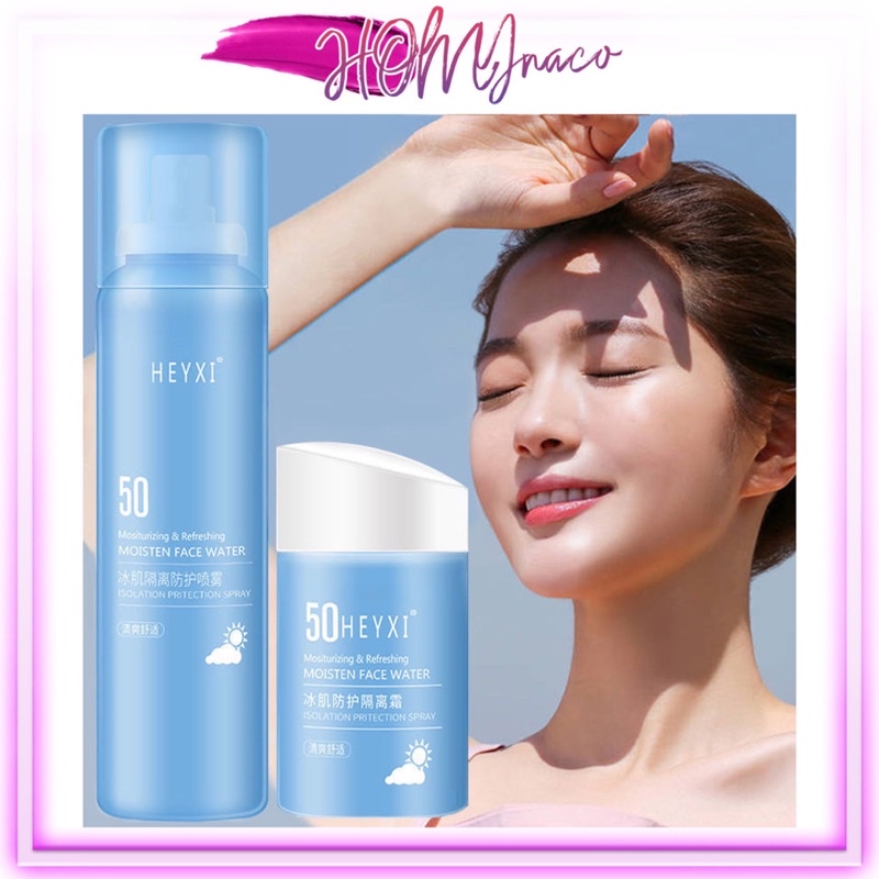 Combo chống nắng toàn thân - Xịt chống nắng da mặt - Kem chống nắng Moisten Face Water 50 SPF++ HEYXI (chai xanh)