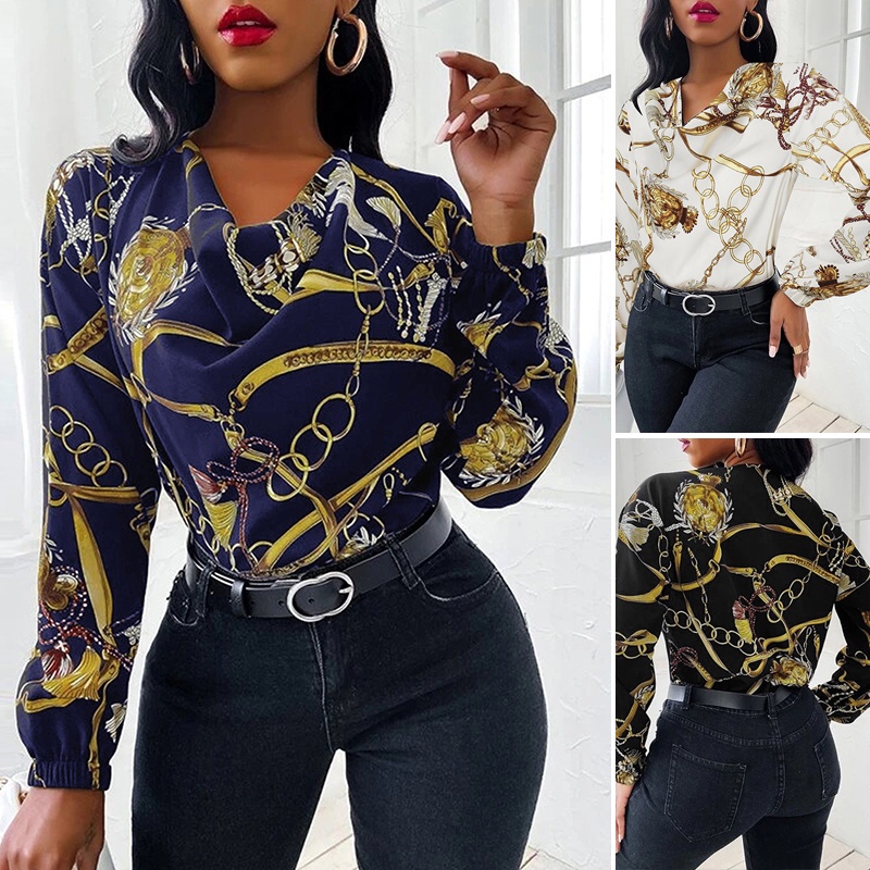 Áo kiểu nữ ZANZEA ôm dáng tay dài cổ tròn cổ tay phối chun co giãn in họa tiết kiểu cổ điển gợi cảm thời trang