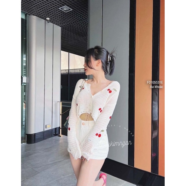 Áo khoác len croptop thêu quả cherri gài nút tay dài 0422