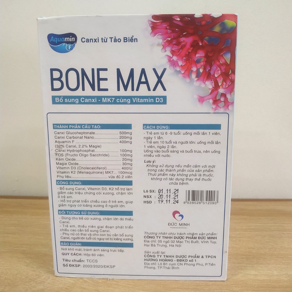 Canxi hữu cơ Bone Max, Bổ sung canxi cho bà bầu, giảm nguy cơ loãng xương - Hộp 60 viên - PharmaOTC