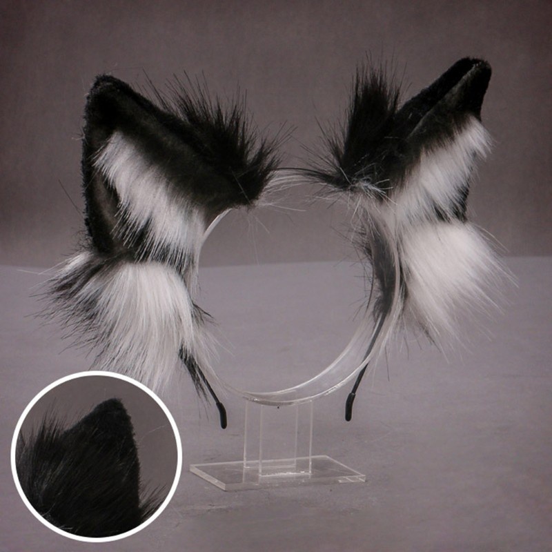 AUTU  Lovely Faux Fur Wolf Ears Headband Realistic Furry Fluffy Animal Hair Hoop Lolita Anime Masquerade Cosplay Costume