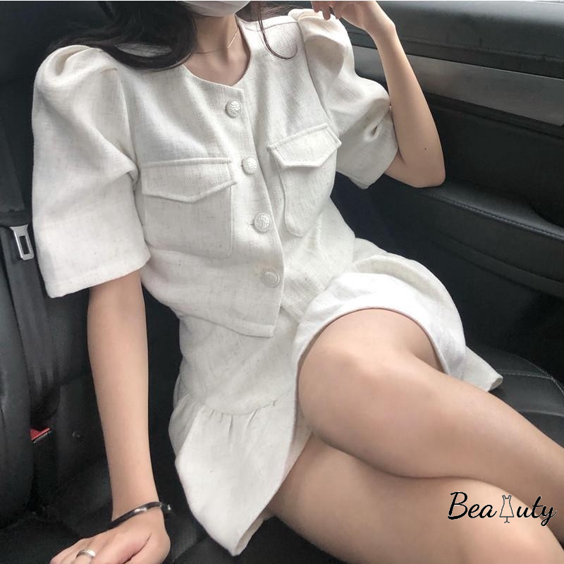 MURIOKI Bộ Đầm Babydoll Tay Phồng Màu Trắng Phong Cách Hàn Quốc 2022 Thanh Lịch Cho Nữ