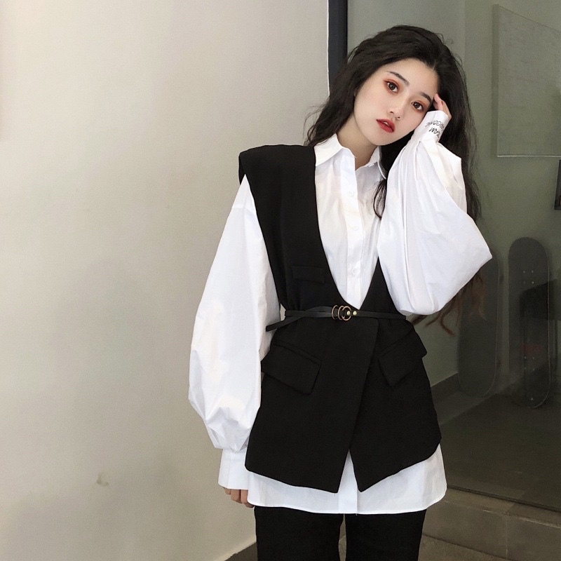 𝑯𝒂̀𝒏𝒈 𝑶𝒓𝒅𝒆𝒓: Set Áo sơmi+Yếm tặng belt Ulzzang Freesize