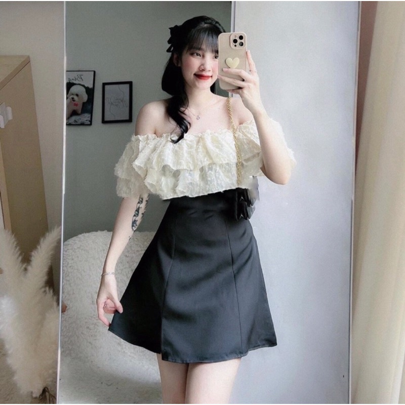 Đầm trễ vai hoa nổi bèo tầng tiểu thư Bigsize