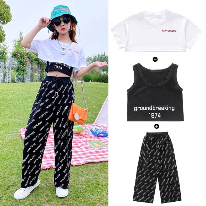 Set bộ 2 áo croptop quần ống rộng bé gái size đại 26 đến 45kg M034