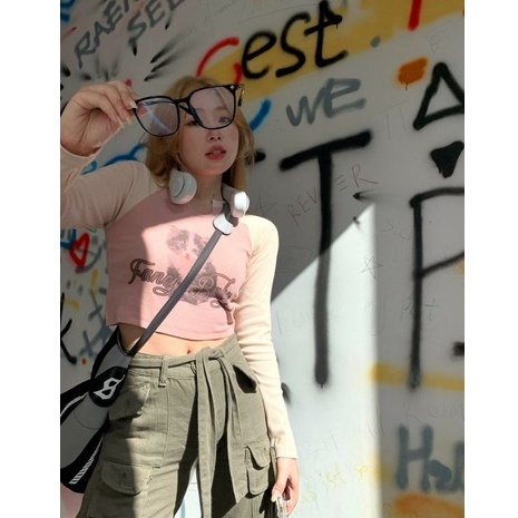 Áo Thun Croptop Tay Dài Dáng Ôm In Hình Mèo Màu Sắc Ngọt Ngào Dễ Phối Đồ Thời Trang Cho Bạn Gái