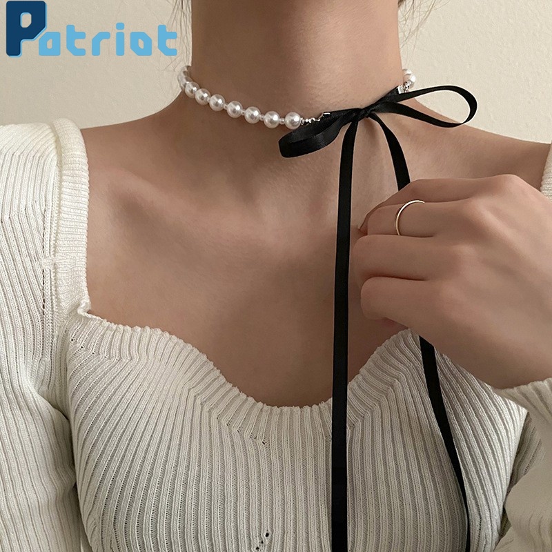 Vòng Cổ Choker Nhung Đính Nơ Và Hạt Ngọc Trai Giả Màu Đen Ngọt Ngào Cho Nữ