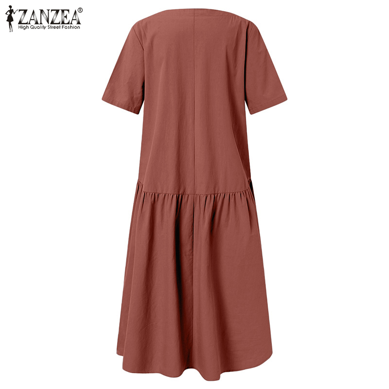 ZANZEA Women's Casual Loose Solid Round Neck Sleeves Split A-Line Dress | BigBuy360 - bigbuy360.vn