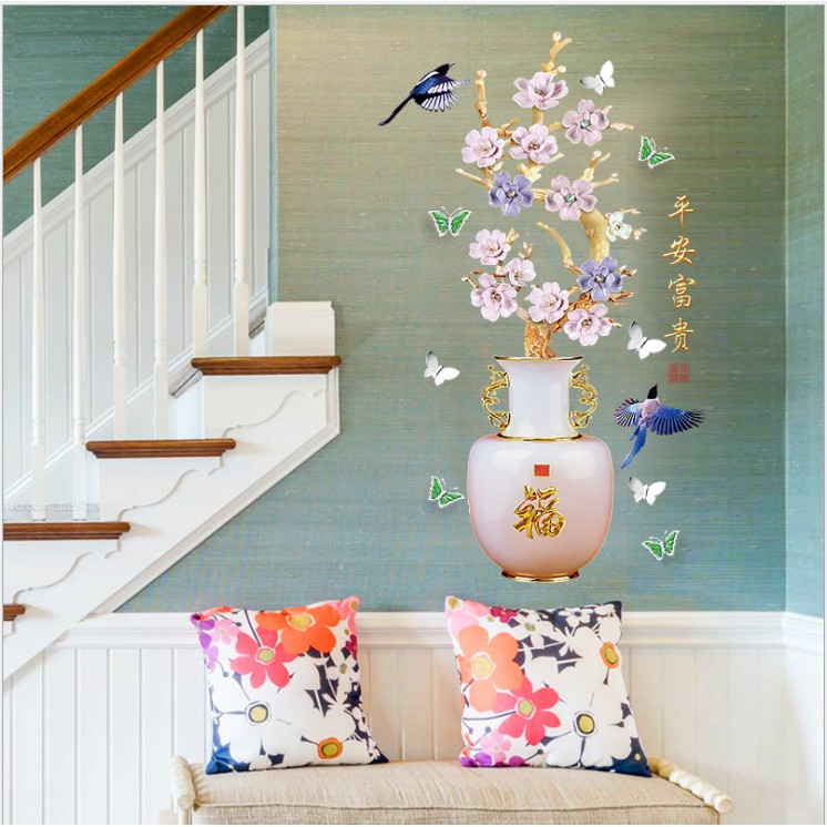 Decal trang trí tường - Chậu Hoa mẫu đơn xanh tím đẳng cấp