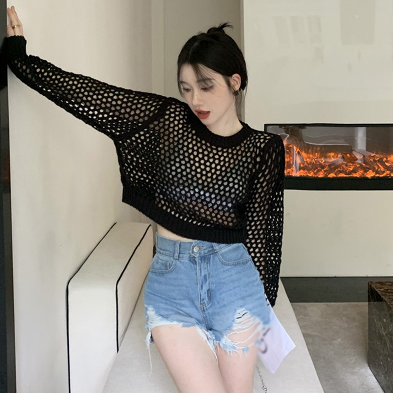 Áo Sơ Mi Tay Dài Cổ Tròn Màu Trơn Phối Lưới Thời Trang Hàn Quốc Cho Nữ