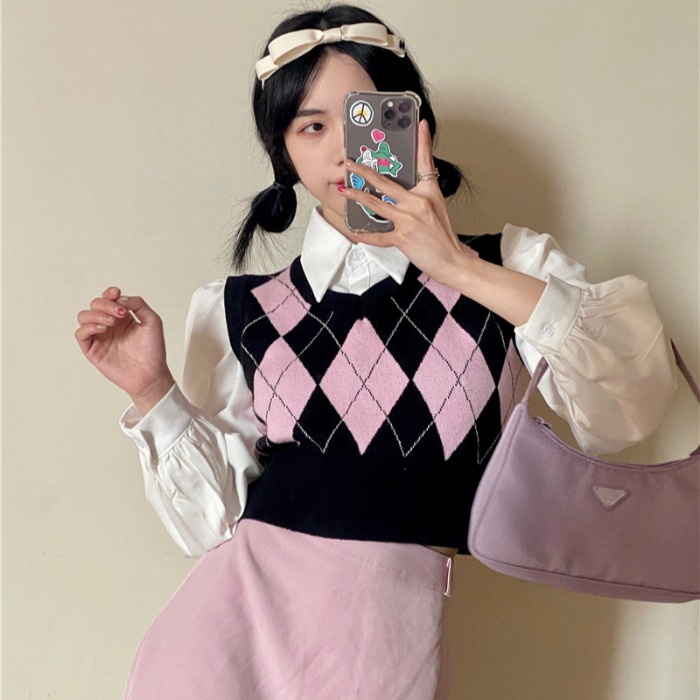 Áo len không tay cổ chữ V đính đá phong cách Hàn Quốc