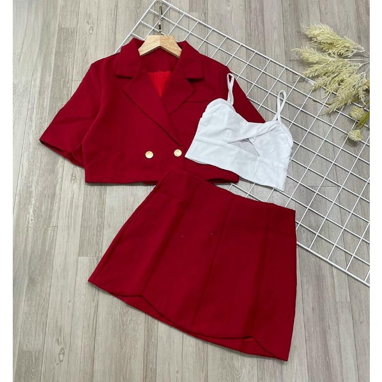 Set 3 món Áo khoác croptop, Áo 2 dây xoắn ngực + chân váy .