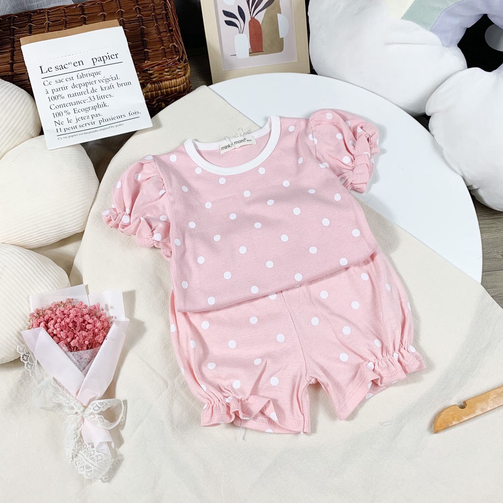 [SALE] Bộ Quần Áo Bé Gái Minky Mom Vải Cotton Borip Hoạ Tiết Chấm Bi Bèo Nhún, Bộ Cộc Tay Cho Bé Mặc Nhà MKM2242