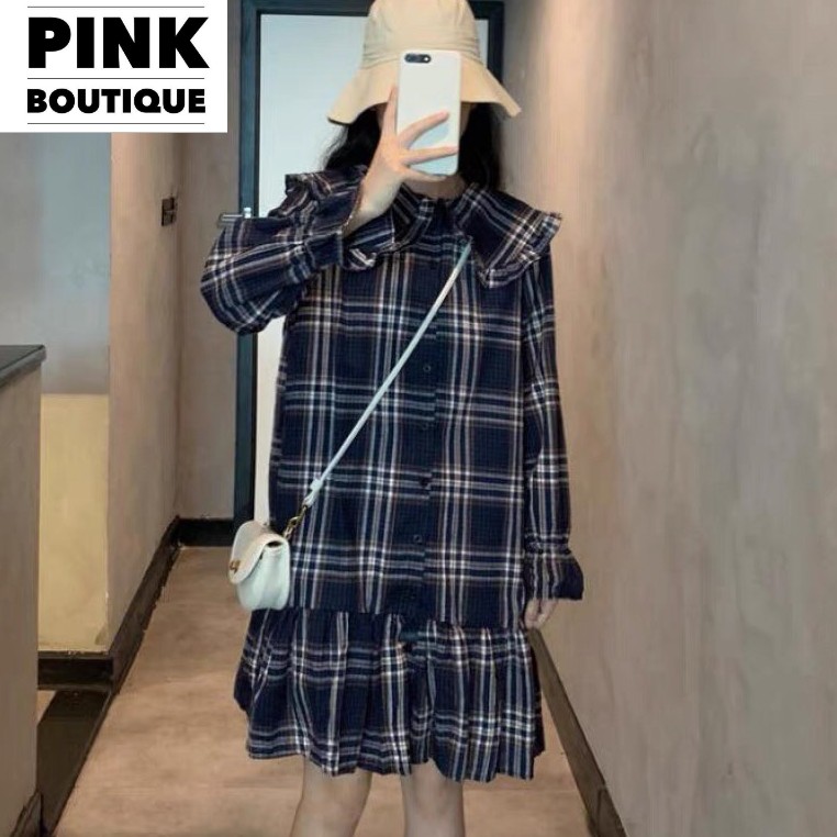 Váy Babydoll, Đầm Tay Dài Đuôi Cá Cổ Sen Kẻ Sọc Caro Cài Cúc PINKBOUTIQUE