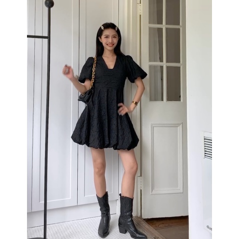 Đầm Tay Ngắn Phồng Màu Trơn Phong Cách Pháp Hoài Cổ Thời Trang 2021 Nữ Tính