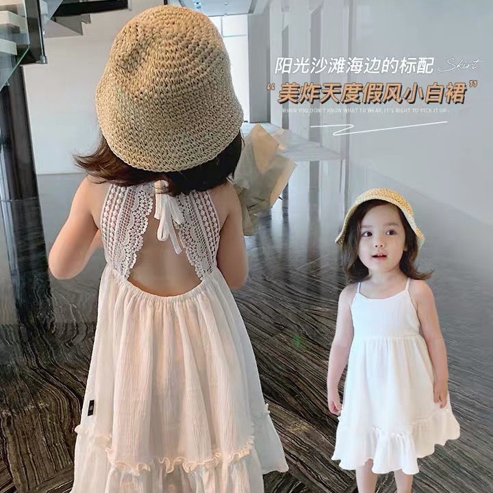 Đầm hai dây màu trắng đáng yêu thời trang mùa hè cho bé gái