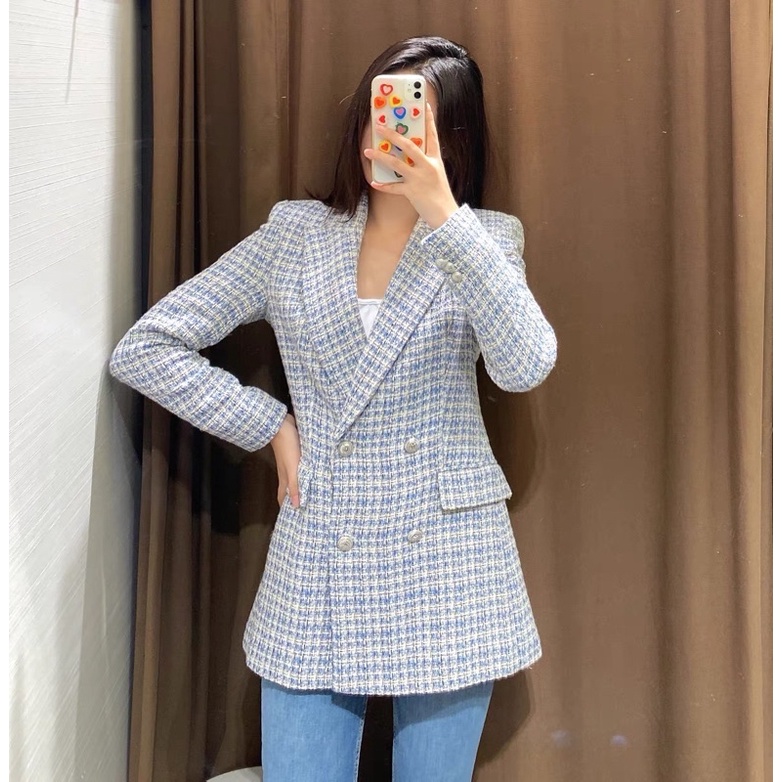 : Áo khoác blazer tweed dạ cổ vest nữ sẵn Hồng