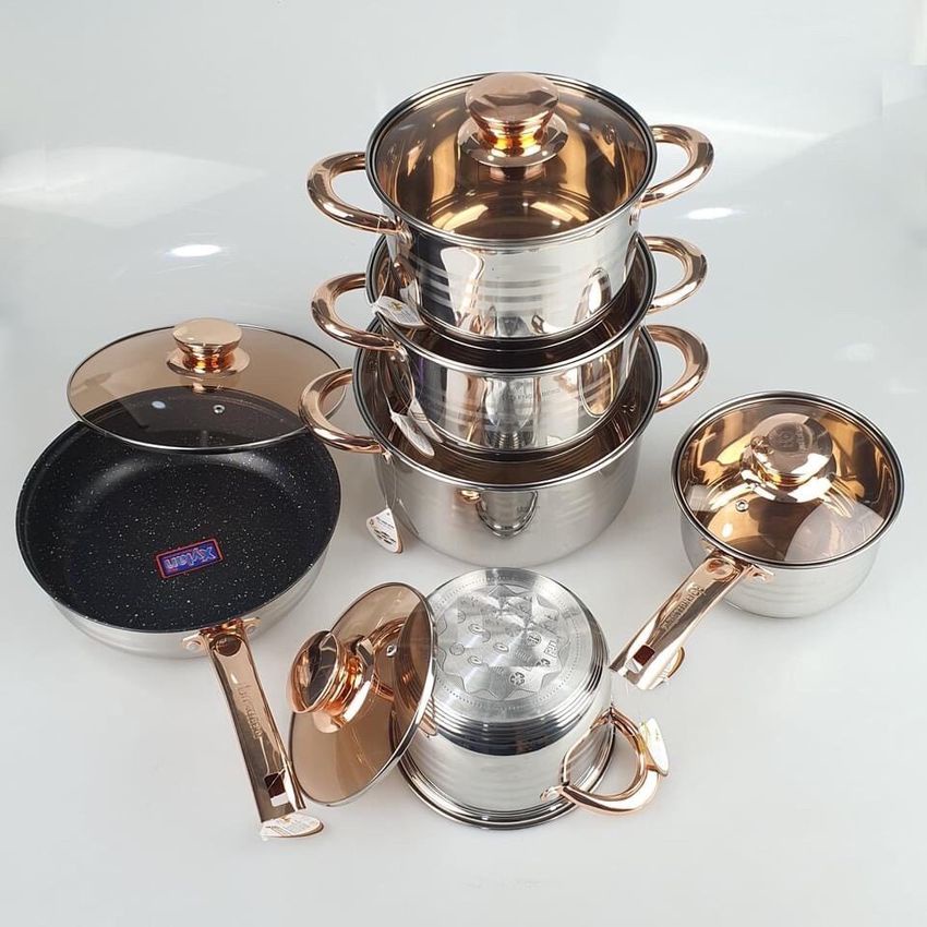 Bộ nồi Đức ENGELBERG 6 món 12 chi tiết đáy inox dày dặn dùng cho mọi loại bếp mạ vàng kèm nắp kính cao cấp Angola