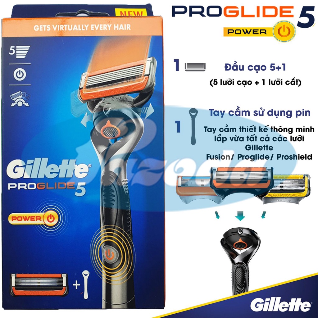 Dao cạo râu 5 lưỡi Gillette Proglide5 Power (1 tay cầm sử dụng pin và 1 đầu cạo)
