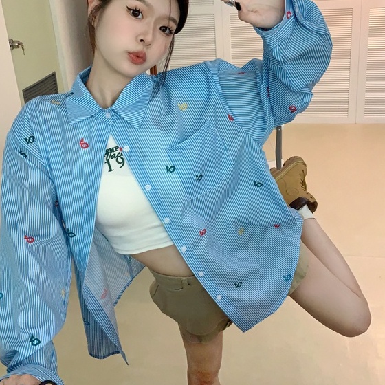 Áo sơ mi ZHELIHANGFEI tay dài chống nắng dáng rộng in họa tiết xinh xắn