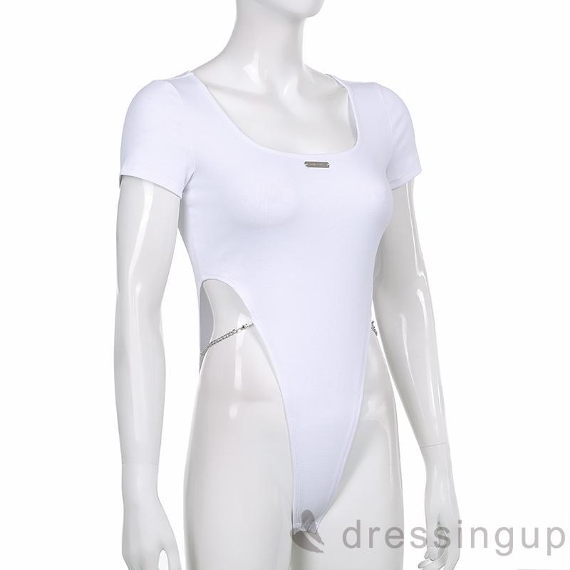 Áo liền quần tay ngắn cổ tròn eo cao phối dây xích độc đáo trang trí thời trang mùa hè cho nữ