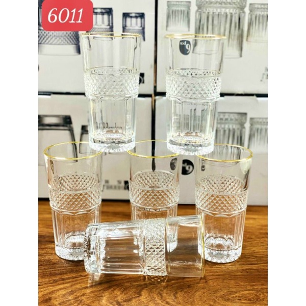 (SALE) Bộ 6 cốc thủy tinh /Ly uống Bia chịu nhiệt Họa Tiết Nổi viền vàng cao cấp sang trọng