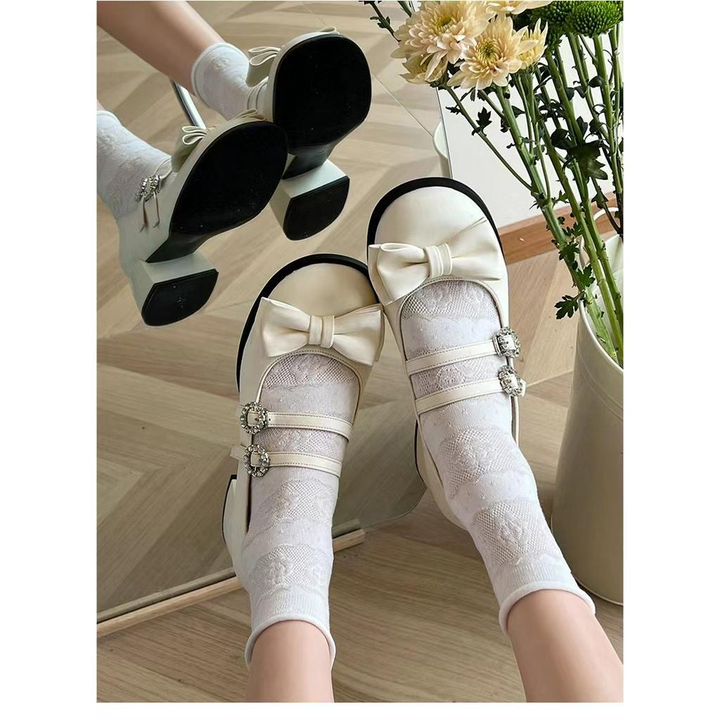 Giày Búp Bê Mary Jane Gót Dày 4.5cm Mũi Tròn Đính Nơ Thời Trang Mùa Hè 2023 Mới Cho Nữ