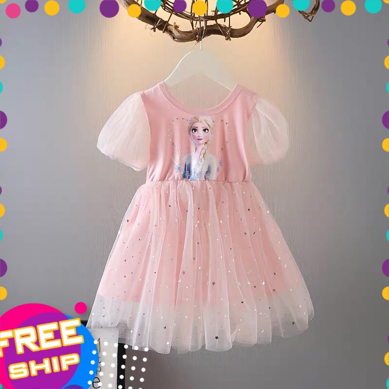 Váy công chúa cho bé 9m-5 tuổi cộc tay phối ren hình elsa và trái tim, Đầm ren bé gái cao cấp điệu đà đáng yêu