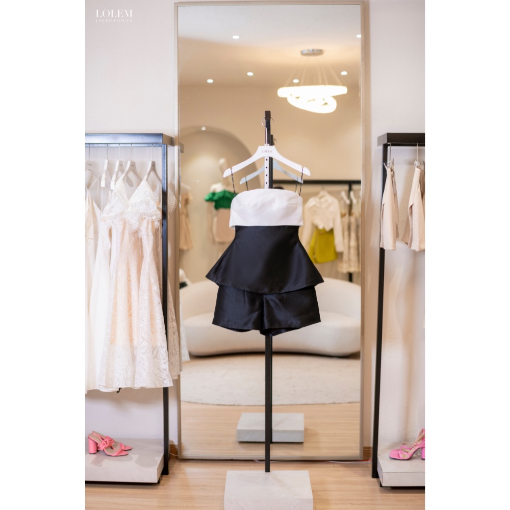 Set quần áo nữ LOLEM SQ046 vải tafta xước áo cúp ngực phối màu