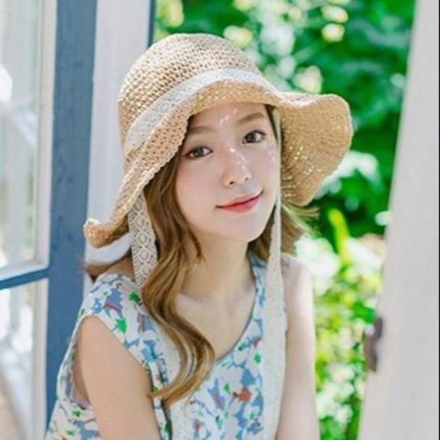 Mũ cói ulzzang cột nơ ren siêu đẹp