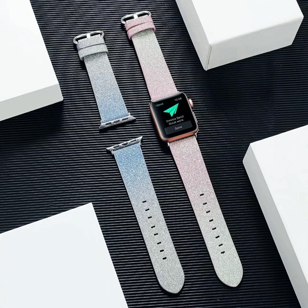 Dây đeo đồng hồ bằng da màu gradient lấp lánh thích hợp cho Apple Watch 6 Se 5 4 3 2 1 38 42 40 44mm