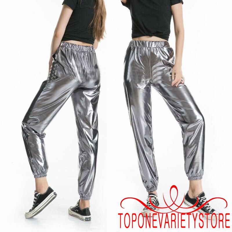 Quần jogger lưng cao thiết kế màu Holographic phong cách hiphop thời trang cho nữ