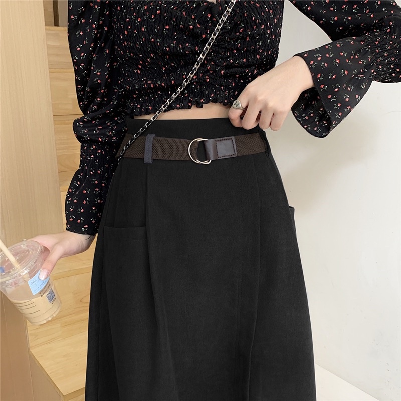 Chân váy nhung tăm dài lưng chun vạt lệch kèm đai Vintage - Lumii