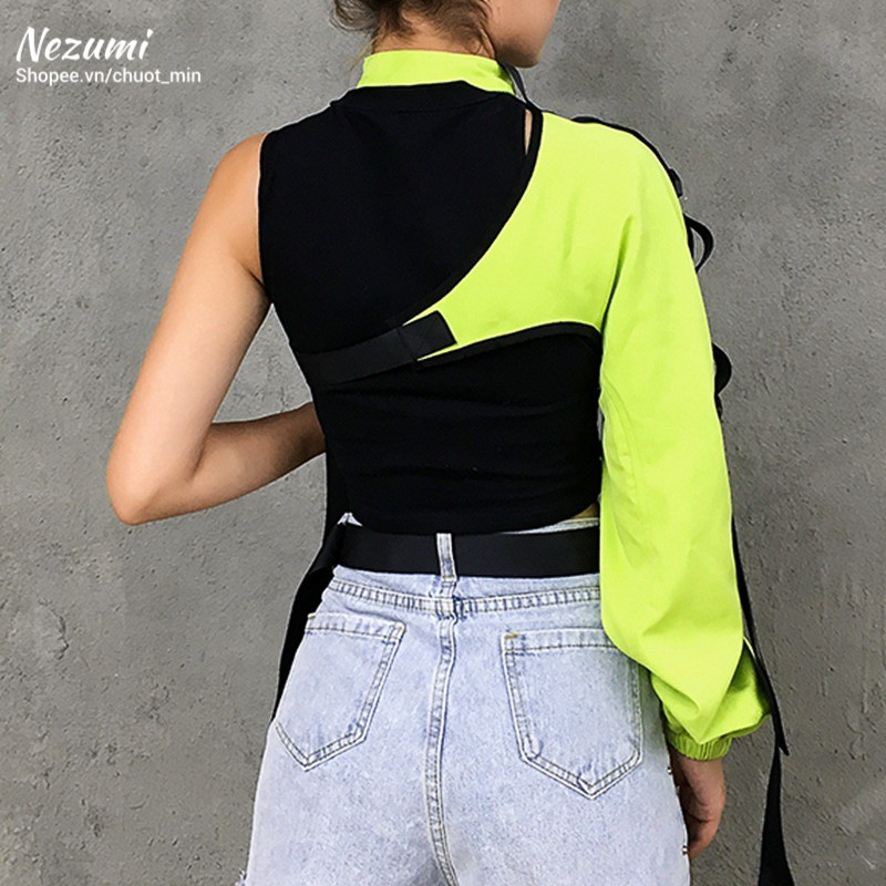 Áo croptop nữ dài tay Lisa phản quang lệch tay cá tính