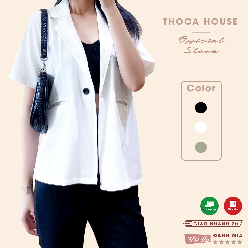 Áo khoác vest nữ blazer trơn 1 lớp túi mổ ngắn THOCA HOUSE màu trắng, đen, rêu công sở thanh lịch thoải mái