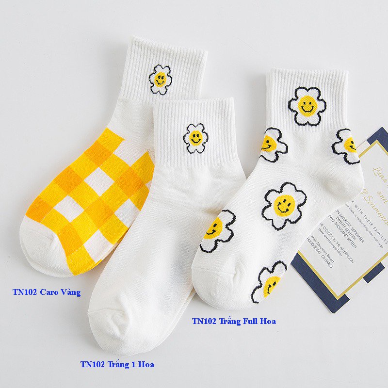 Set 3 đôi tất cổ cao Bivota vớ nữ họa tiết hoa vàng hàn quốc dễ thương T100