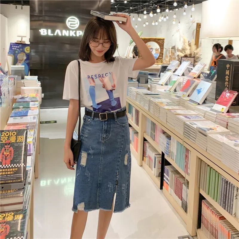 Chân váy jean Chữ A Lưng Cao Thiết Kế Xẻ Rách Thời Trang Mùa Hè Cho Nữ